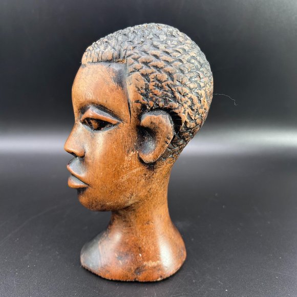 Hand Carved Wooden Male African Head Statue Approx 6" x 3" x 2.5" Decor Accents - Picture 7 of 14